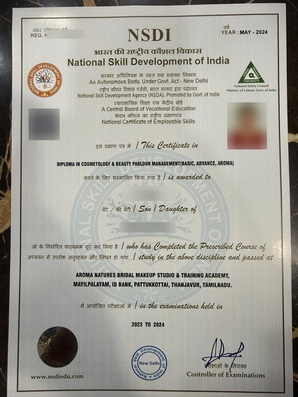 Sample NSDI diploma certificate awarded to an Aroma Natures academy student, personal details blurred